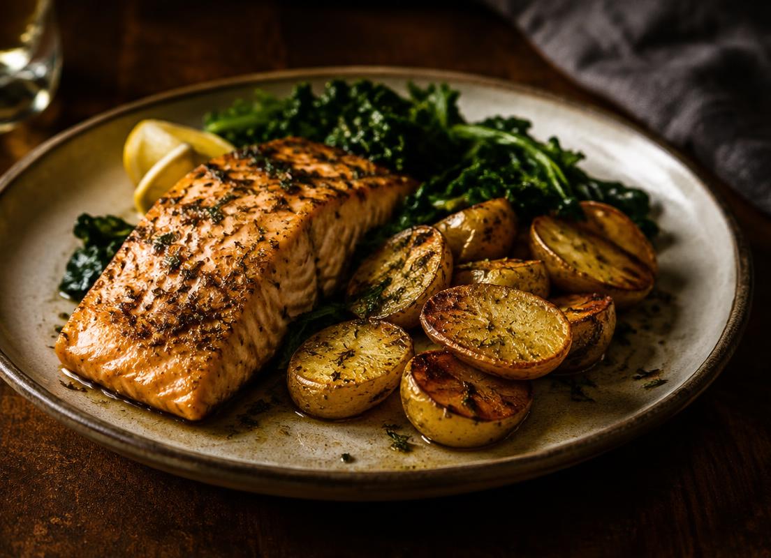 Salmon with roasted potatoes and greens