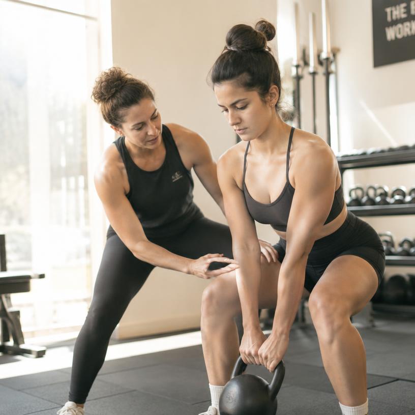 Coach guiding a client through a kettlebell movement