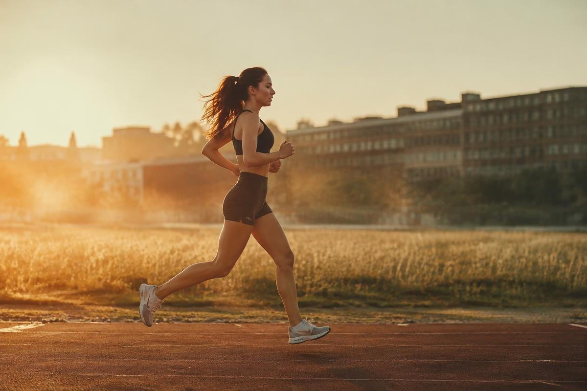 Woman running on a track at sunrise